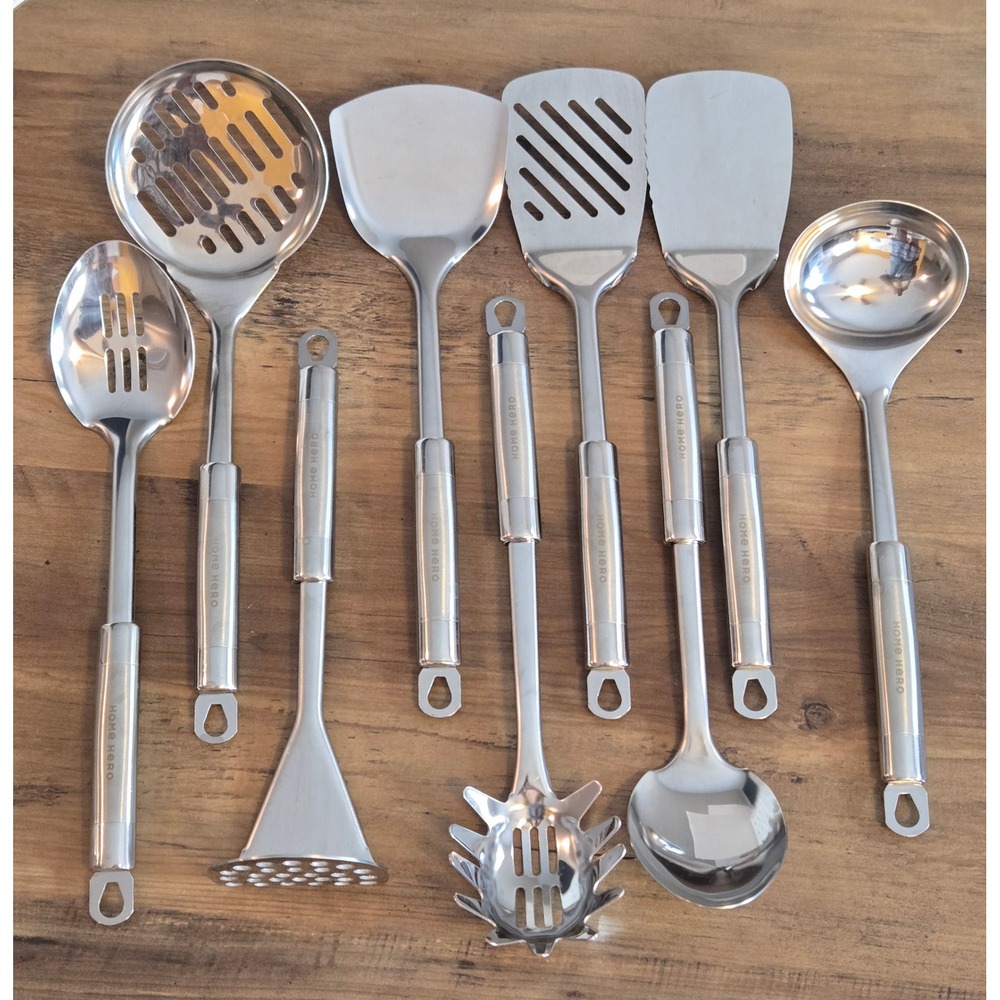 Home Hero 9 Piece Stainless Steel Kitchen Utensil Set Silver Cooking Tools